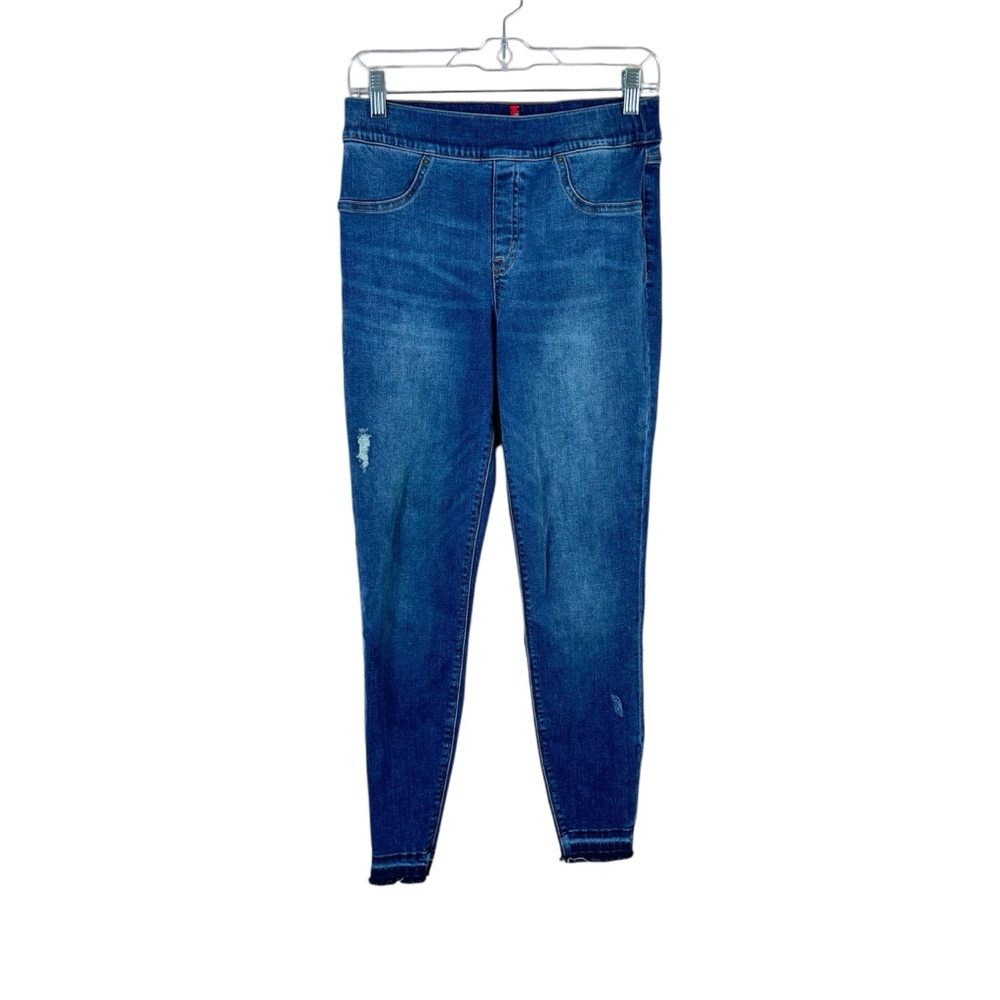 SPANX womens size M stretch pull on distressed raw hem high rise skinny jeans